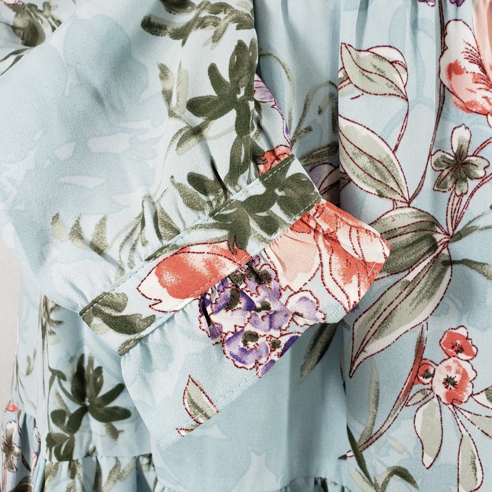 Nanette Lepore Aqua Floral LS Tie Neck Aqua Tiered Dress, 8 - Picture 7 of 12